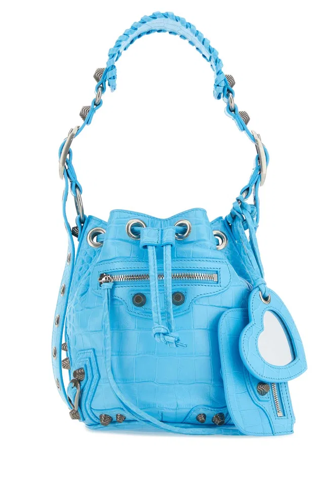 Balenciaga Croc-Embossed Leather Bucket Bag — Blue T Cotton R Elastan in Blue Crocodile from HEWI