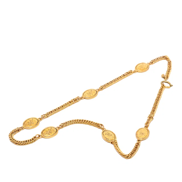 Gold Chanel CC Gold Plated Crown Medallion Station Necklace in Gold from Designer Revival