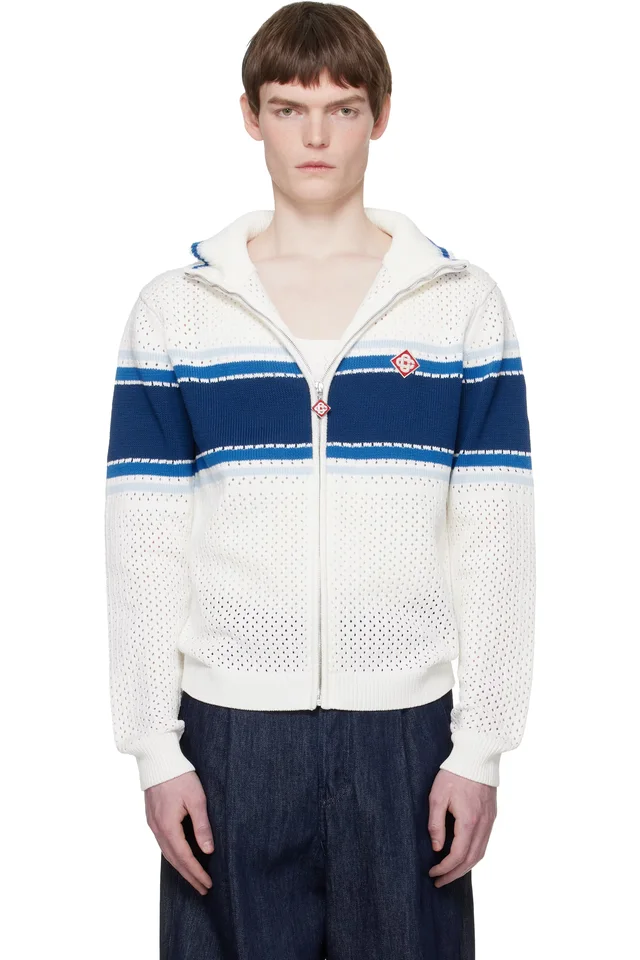 Off-White & Blue Striped Mesh Track Jacket, image 1 of 1 from SSENSE