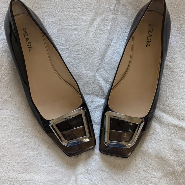 Prada Black Patent Leather Square Toe Flats With Silver Buckle in black|brown|red Patent leather from Poshmark