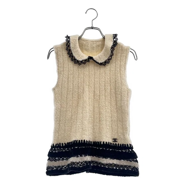Chanel Wool Blend Sleeveless Round Color Top Beige Black in Black Wool from The Reluxe