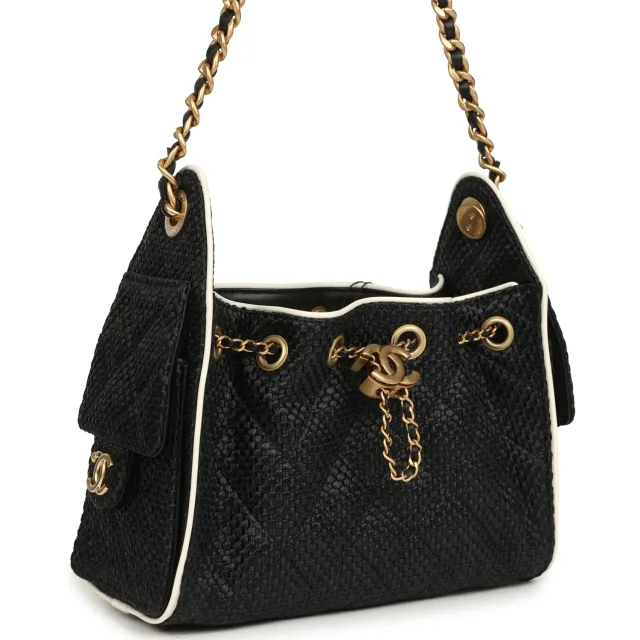 Chanel Mini 25 Hobo Bag Black Raffia and White Calfskin Antique Gold Hardware in Black Raffia from Madison Avenue Couture, photo 2 of 9
