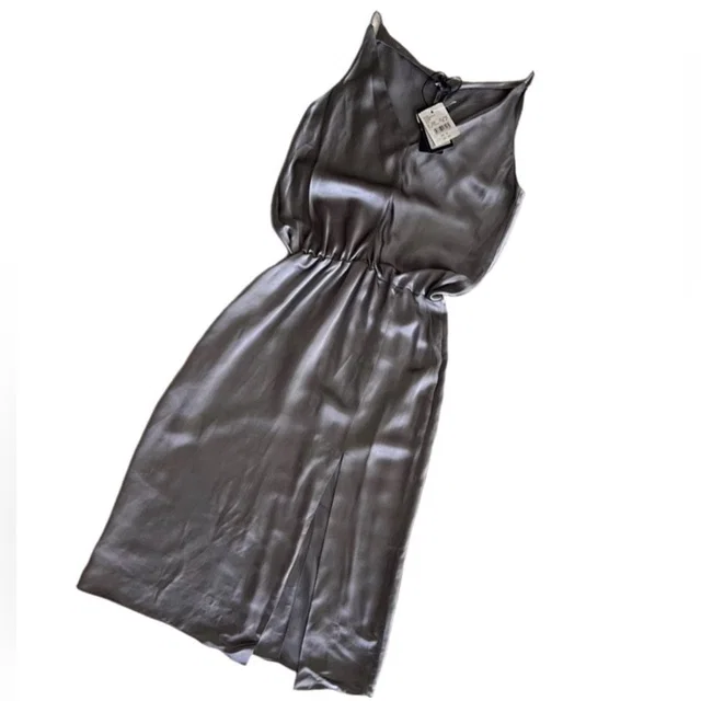 Jil Sander Navy Silk Blend Satin Gathered Waist Midi Dress Pewter Gray Size M in silver|gray Satin from Poshmark