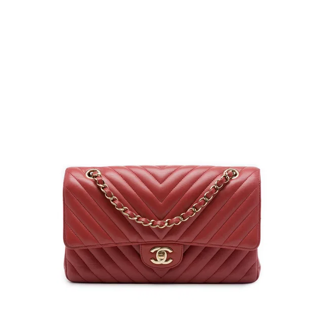 Red Chanel Medium Classic Chevron Lambskin Double Flap Shoulder Bag in Red Lambskin from Designer Revival