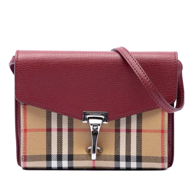 Red Burberry Small Leather and House Check Canvas Derby Macken Crossbody in Red Canvas from Designer Revival