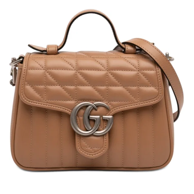 Brown Gucci Mini GG Marmont Matelasse Calfskin Aria Top Handle Bag Satchel in Brown Calfskin from Designer Revival