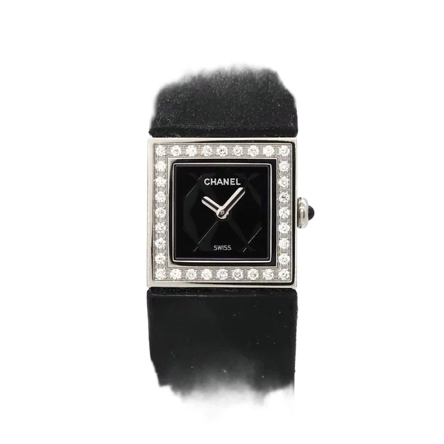 Chanel Quilted Vintage Watch Diamond Bezel Black Quartz in Black Leather from The Reluxe