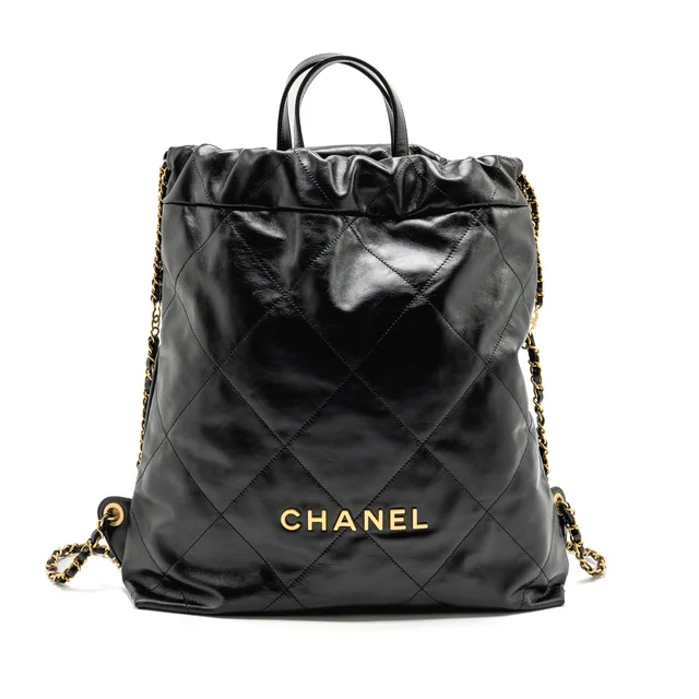 Chanel Large 22 Backpack Gold Letter Logo Shiny Calfskin Black GHW (microchip) in Black Calfskin from EMIER