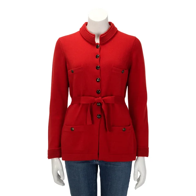 Chanel Belted Mandarin Collar Cardigan Jacket FR 40 in Red Cashmere from Blue Spinach