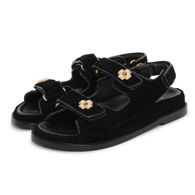 Chanel Gripoix CC Dad Sandals 35.5 in Black Tweed from Blue Spinach