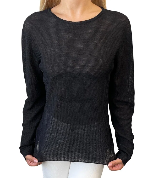 Chanel Vintage 02A CC Logo See-through Knit Top #42 Mesh Short Sleeve Black in Black from Luxury Promise