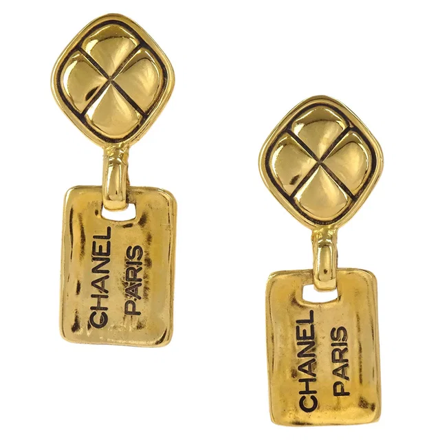 Chanel Gold Rhombus Plate Dangle Clip-On Earrings 2448 in Gold from AMORE Vintage Tokyo