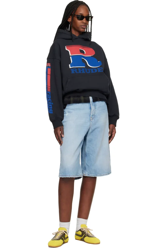 Rhude Black Split Petrol Logo Hoodie, photo 4 of 4 from SSENSE