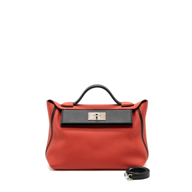 Hermès 24/ -29 Bag Clemence/ Swift Rouge Pivoine/Noir SHW Stamp C in Black Clemence leather from EMIER