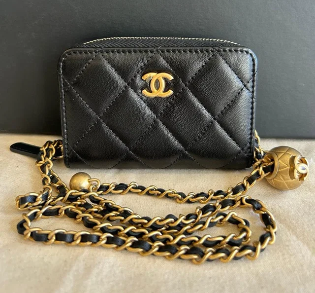 Chanel Black Mini Card Wallet with Zip on Chain in Black from Luxury Promise