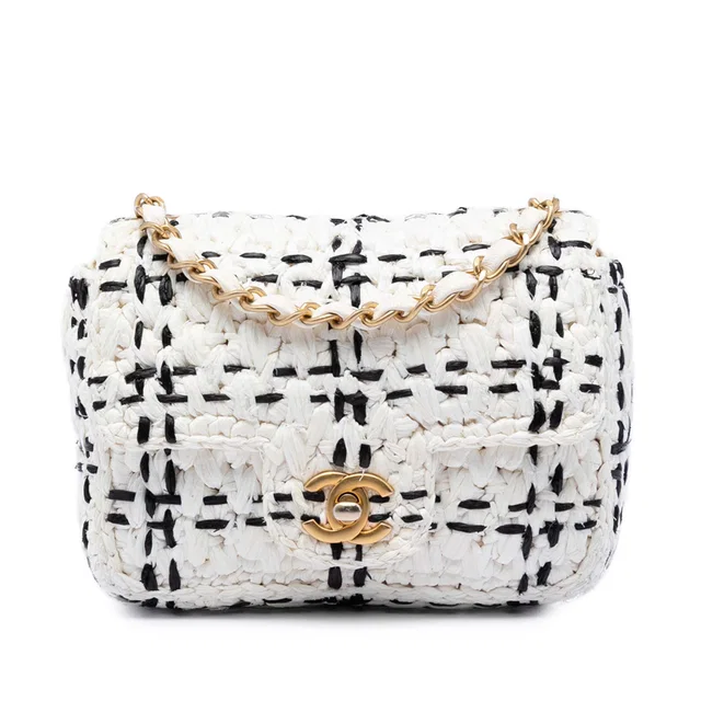 White Chanel CC Mini Raffia Effect Tweed Flap Crossbody Bag in White Raffia from Designer Revival