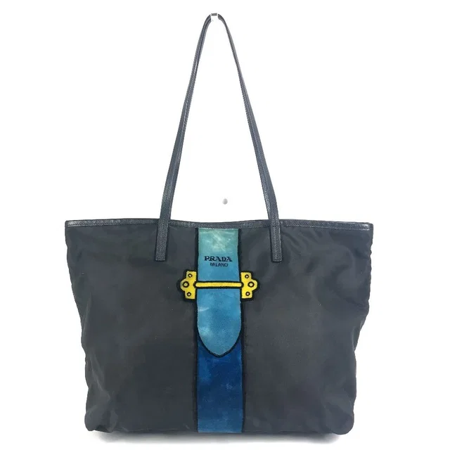 Prada Tote Bag Kaietron Pull Belt Logo Stripe Leather Nylon Black in Black Nylon from The Reluxe