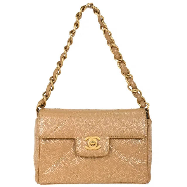 Chanel 2000-2002 Beige Caviar Handbag in Beige Caviar leather from AMORE Vintage Tokyo