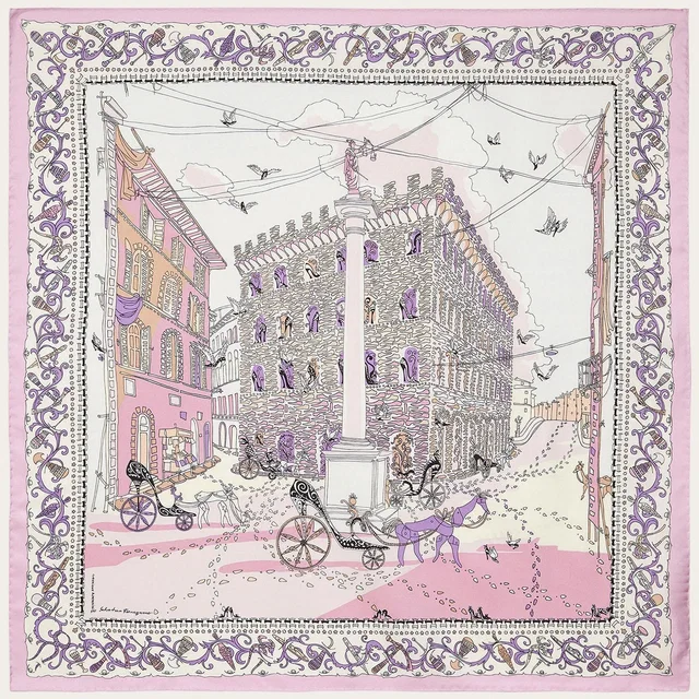 Ferragamo Voyage-Print Silk Scarf — Pink Scarfs in Pink Silk from HEWI