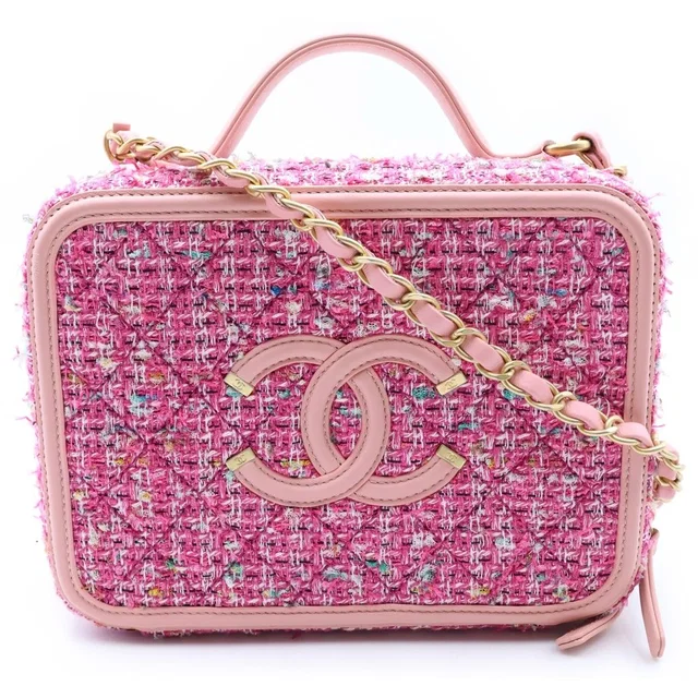 Chanel Vanity Case CC Filigree 2-Way Chain Shoulder Bag Pink Leather Tweed Gold in Pink Tweed from The Reluxe