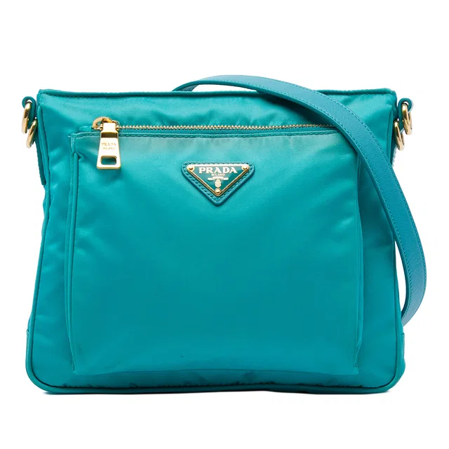 Blue Prada Saffiano Trimmed Tessuto Zip Top Crossbody in Blue Saffiano leather from Designer Revival