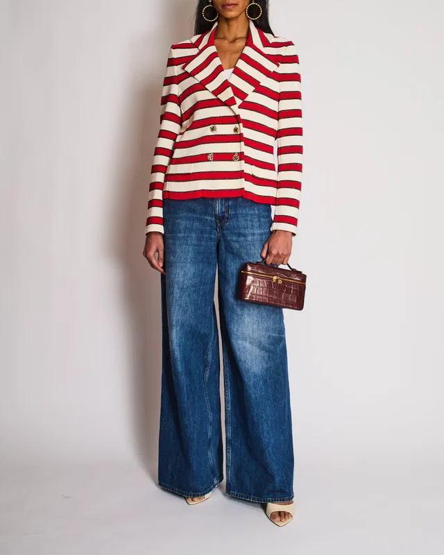 Chanel 08/P Red Striped Double Breasted Jacket with CC Button Detail Size FR 44 (UK 16) in Red from Sellier