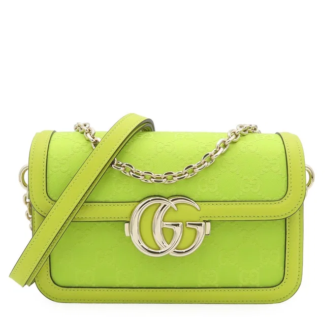 Gucci Go Chain Shoulder Bag Lime Green GG Leather Satin Double G 2-Way in Green Satin from The Reluxe