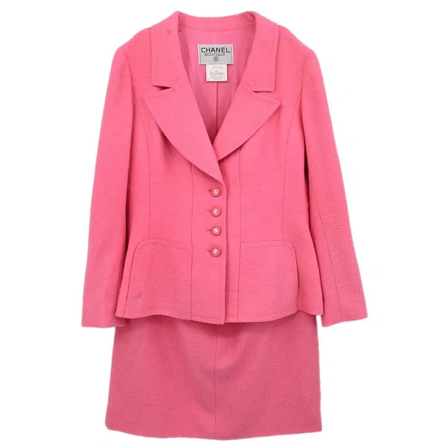 Chanel 1997 Tweed Setup Suit Jacket Skirt Pink #38 in Pink Tweed from AMORE Vintage Tokyo