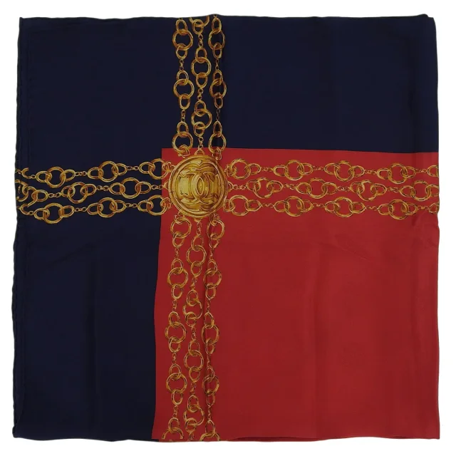 Chanel CC Mark Chain Pattern Scarf Red/Navy/Multi in Red Silk from VINTAGE QOO TOKYO, photo 4 of 10