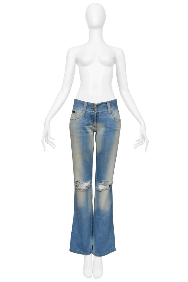 Dolce & Gabbana Distressed Blue Denim Jeans With Holes And Rhinestones in Blue Denim from Resurrection Vintage