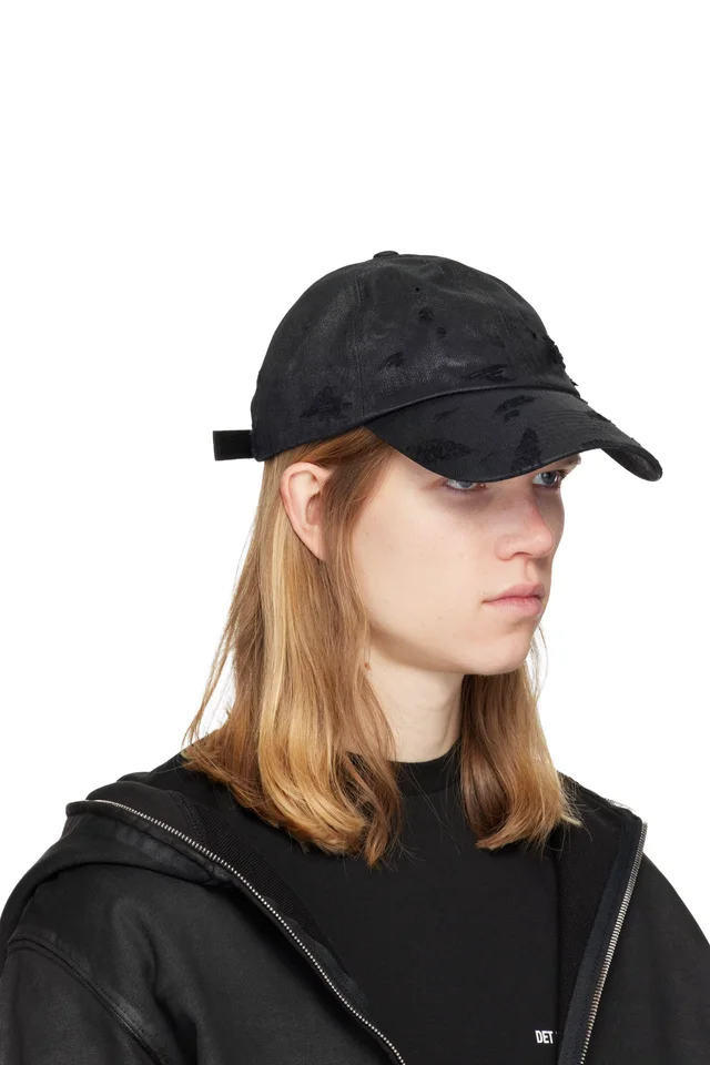 DET BLEV SENT Black Distressed Waxed Denim Cap, photo 2 of 3 from SSENSE