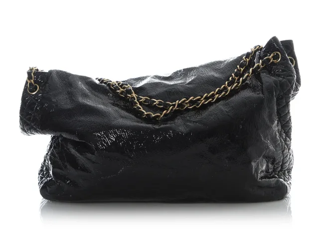 Chanel XL Black Vinyl Rock and Chain Flap in Black Satin from Ann's Fabulous Finds, photo 5 of 10