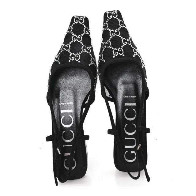 Gucci Tela Retino Kid Scamosciato Crystal GG Monogram Square G 35mm Slingback Pumps 38 Black in Black Suede from FASHIONPHILE, photo 2 of 8