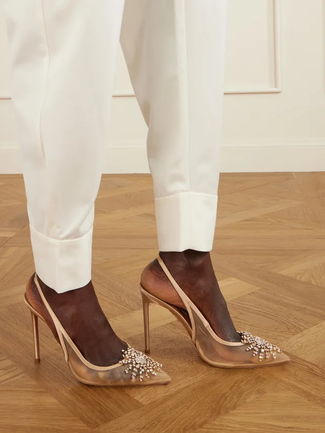 AQUAZZURA Firework 105 crystal-embellished satin-trimmed mesh pumps in Beige, photo 2 of 2 from NET-A-PORTER (Canada)