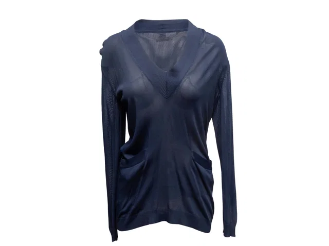Navy Hermes Long Sleeve Sheer V-Neck Top Size FR 38 in Navy from Designer Revival