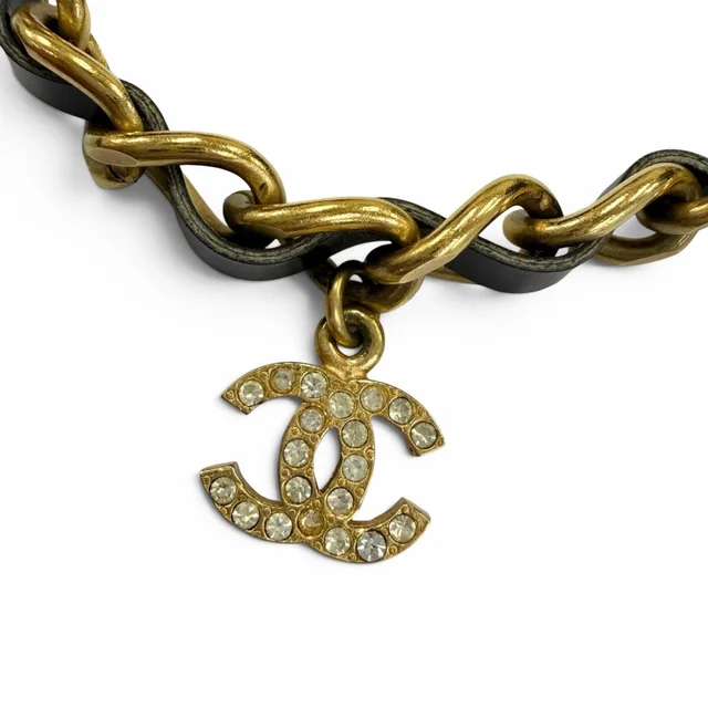 Chanel 96P Vintage Leather CC Logo Rhinestone Chain Belt Choker Necklace Gold in Gold Leather from The Reluxe