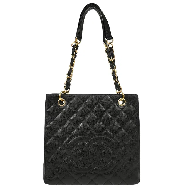 Chanel 2005-2006 Black Caviar Petite Shopping Tote PST Chain Handbag in Black Caviar leather from AMORE Vintage Tokyo