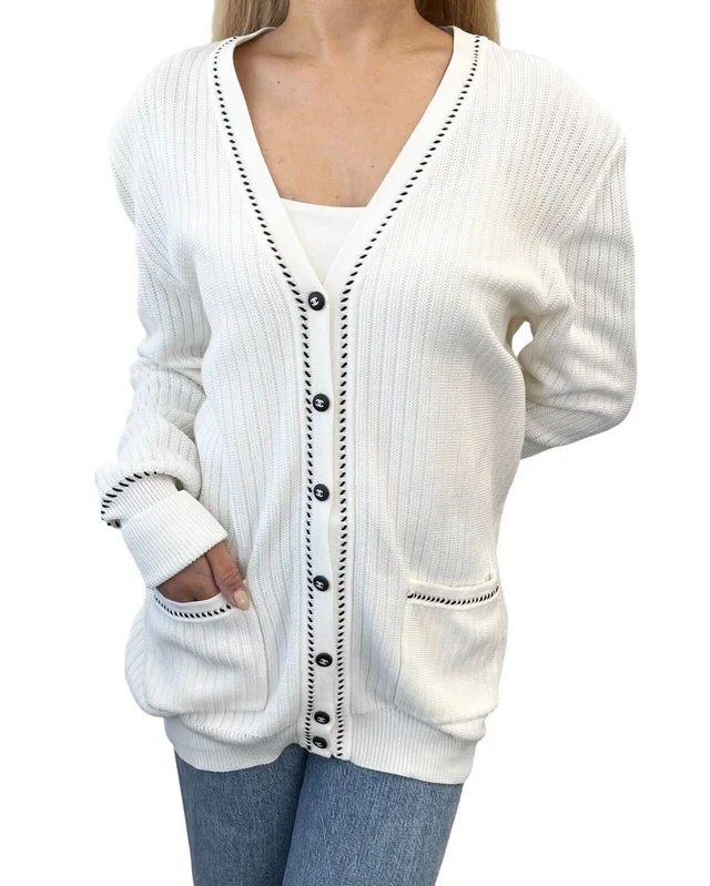 Chanel Vintage 96P CC Logo Cardigan Sweater Top #42 Button White Black Cotton in Black from Luxury Promise