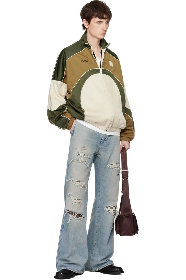 AMIRI Blue Checkered Repair Bootcut Jeans, photo 4 of 4 from SSENSE