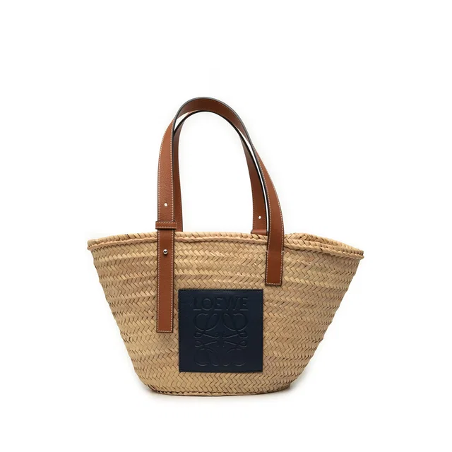 Beige LOEWE Small Raffia Anagram Basket Tote in Beige Raffia from Designer Revival