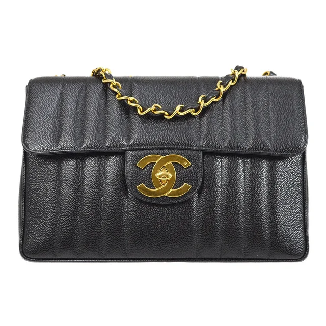 Chanel 1994-1996 Black Caviar Jumbo Vertical Stitch Classic Flap in Black Caviar leather from AMORE Vintage Tokyo