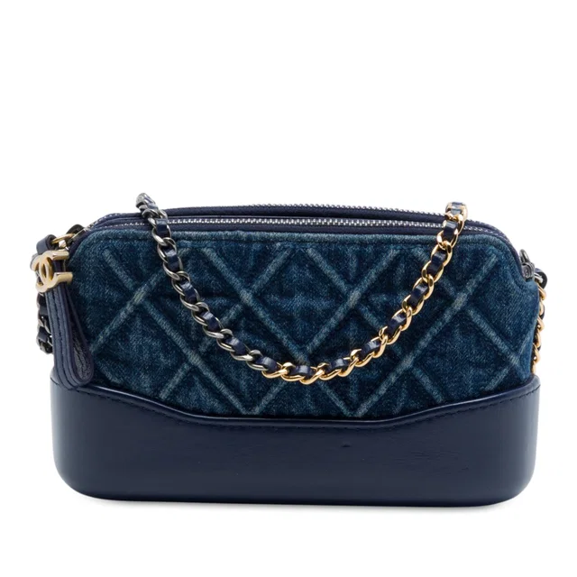 Blue Chanel Quilted Denim Gabrielle Double Zip Clutch with Chain Crossbody Bag in Blue Denim from Designer Revival