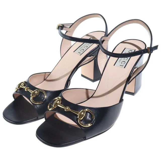 Gucci Horsebit Leather Heels Pumps Mules Shoes Square Toe Gold Black in Black Leather from The Reluxe