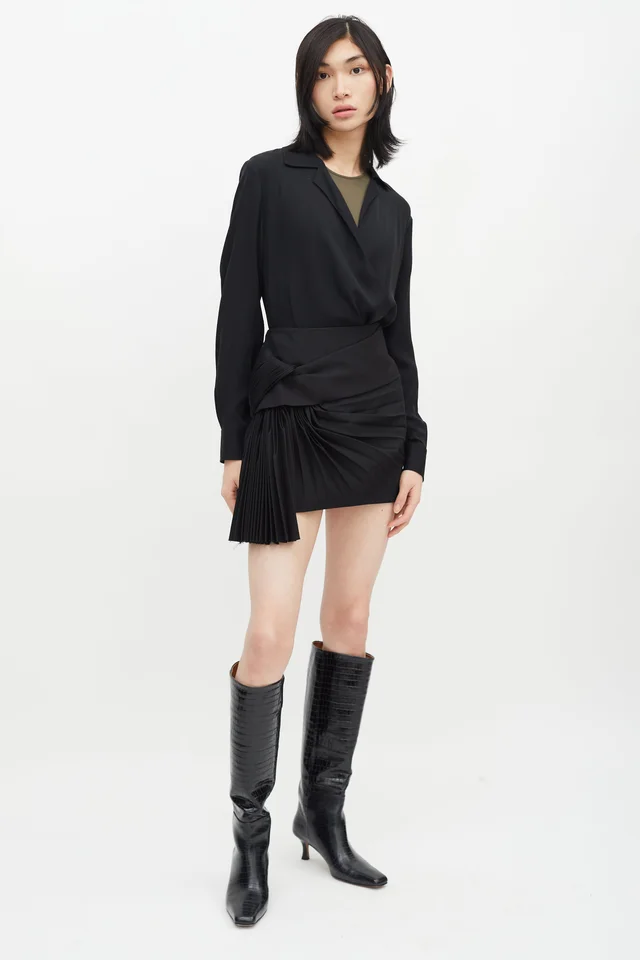 Saint Laurent Asymmetrical Pleated Mini Skirt in Silk from VSP Consignment, photo 2 of 2