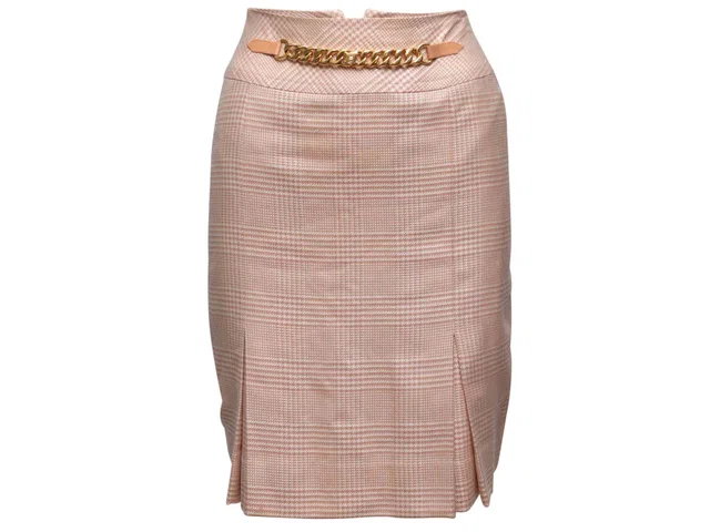 Pink & White Celine Glen Plaid Chain-Accented Pencil Skirt Size FR 40 in White from Designer Revival