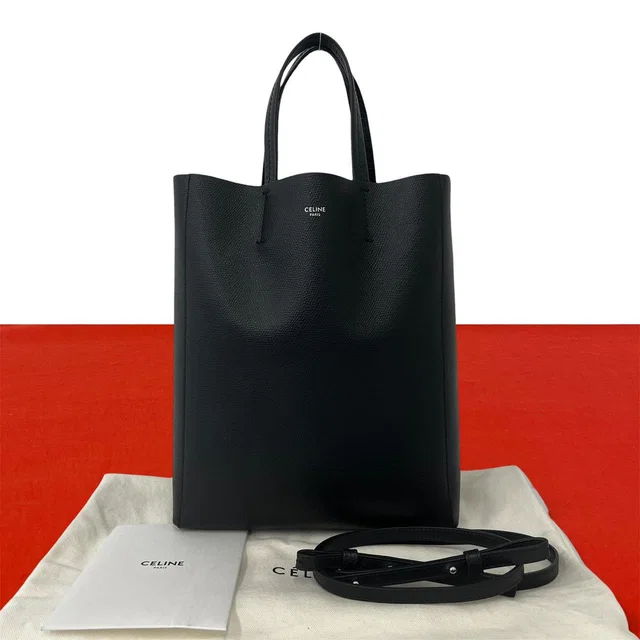 Celine Vertical Cabas Small Logo Leather 2-Way Shoulder Bag Black in Black Leather from The Reluxe