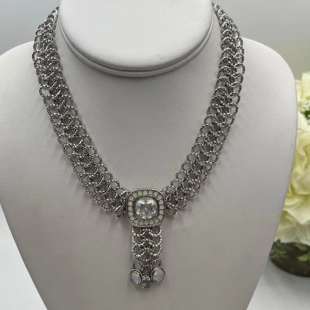 Swarovski Swan Signed Silver Tone Chunky Chainmail Blue Opal Crystal Necklace in silver|blue|gray from Poshmark