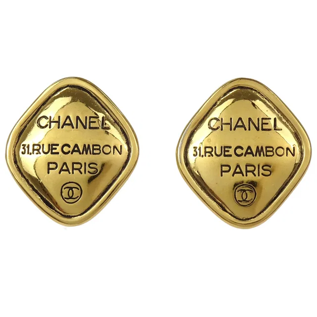 Chanel Rhombus Clip-On Earrings Gold 2439 in Gold from AMORE Vintage Tokyo