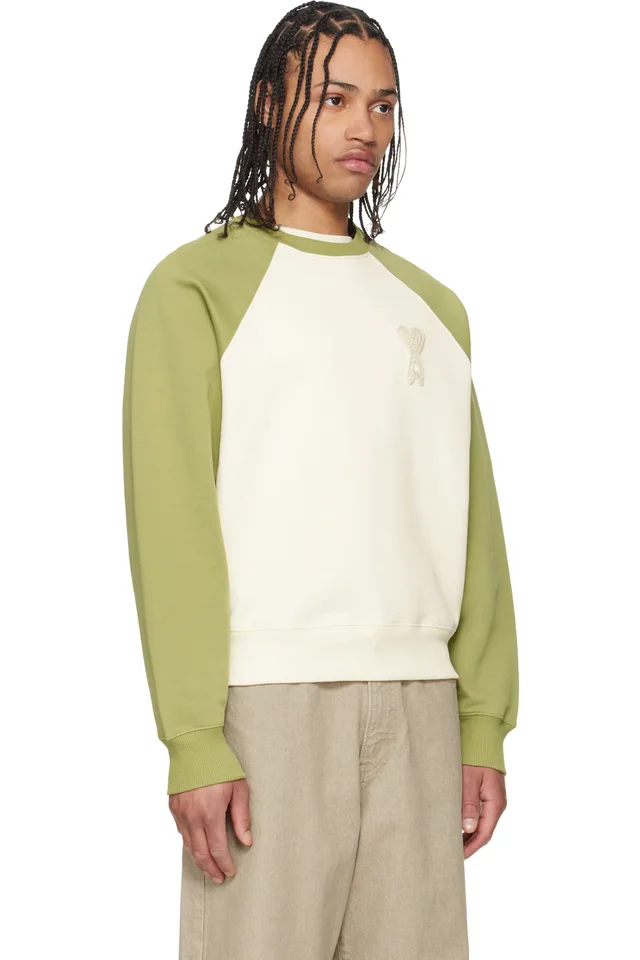 AMI Paris Green & Off-White Cotton Knitted Ami de Coeur Sweatshirt, photo 2 of 4 from SSENSE