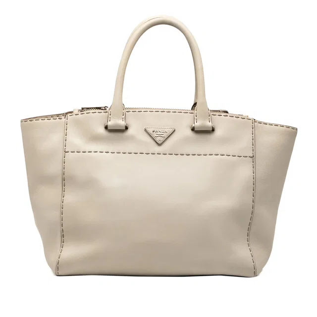 Beige Prada City Calf Stitched Twin Pocket Satchel in Beige Leather from Designer Revival